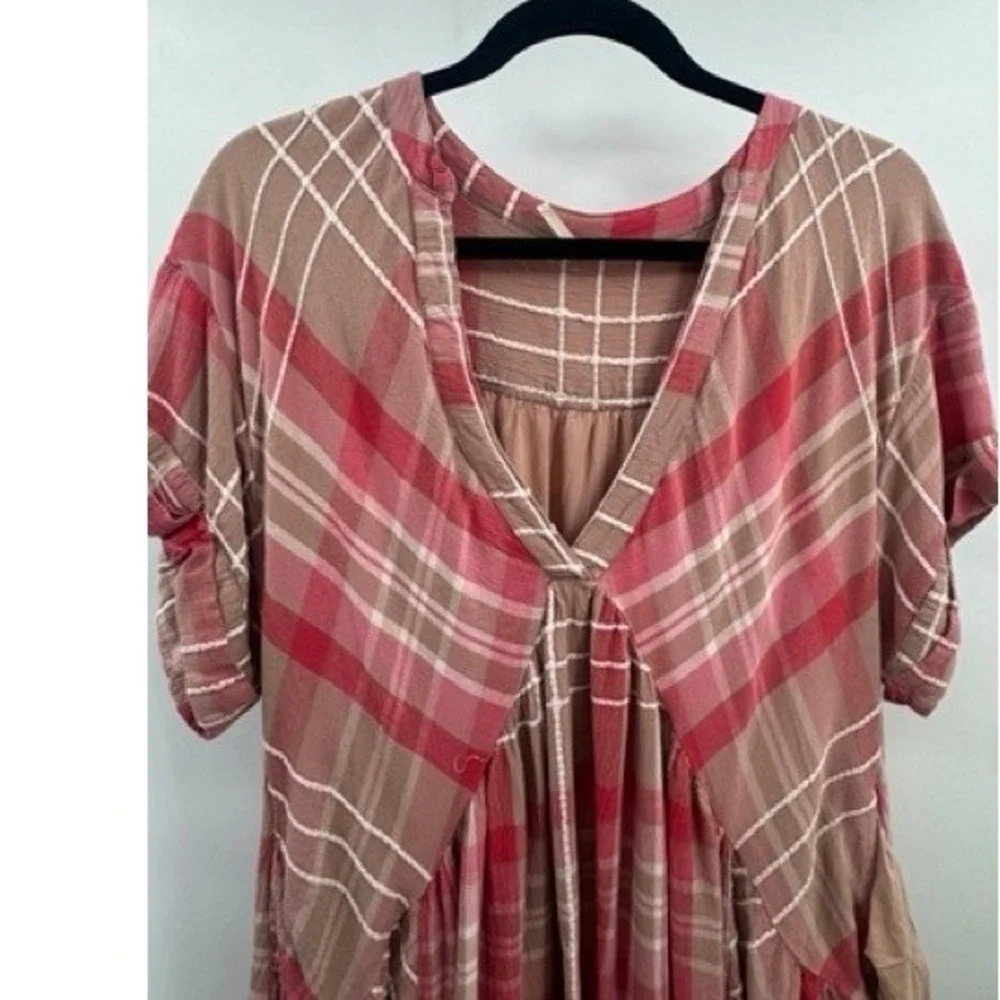 Free People Pink Tan Plaid Babydoll Oversized Mini Dress SMALL Boho Cottage